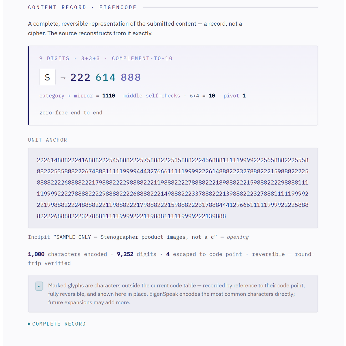 A digital screenshot of a record page titled 'CONTENT RECORD - EIGENCODE' showing encoded text, a 9-digit code, unit anchor data, and a large block of encrypted digits on a white background.