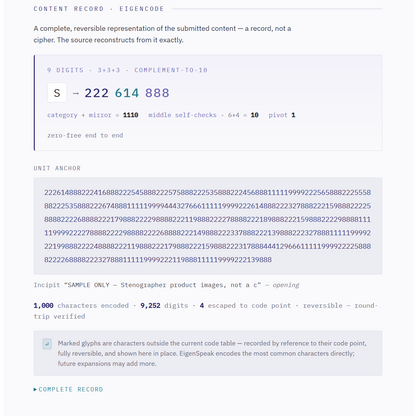 A digital screenshot of a record page titled 'CONTENT RECORD - EIGENCODE' showing encoded text, a 9-digit code, unit anchor data, and a large block of encrypted digits on a white background.