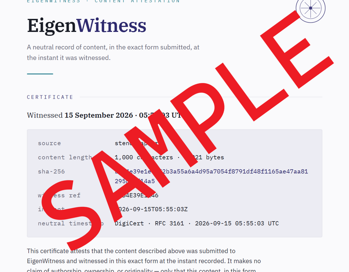 A digital certificate screenshot from EigenWitness with a large red diagonal SAMPLE watermark across the page. The certificate includes text about witnessing content and a light gray content block with metadata.