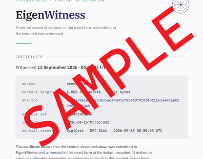 A digital certificate screenshot from EigenWitness with a large red diagonal SAMPLE watermark across the page. The certificate includes text about witnessing content and a light gray content block with metadata.